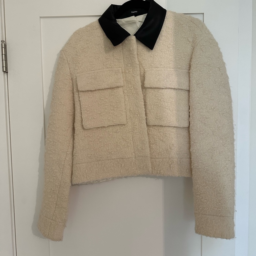 Theory White Will Jacket Black Leather Collar